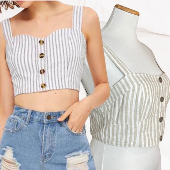 Sanctuary Bustier Linen Blend Stripe Crop Top with Smocked Back - Picture 9 of 9